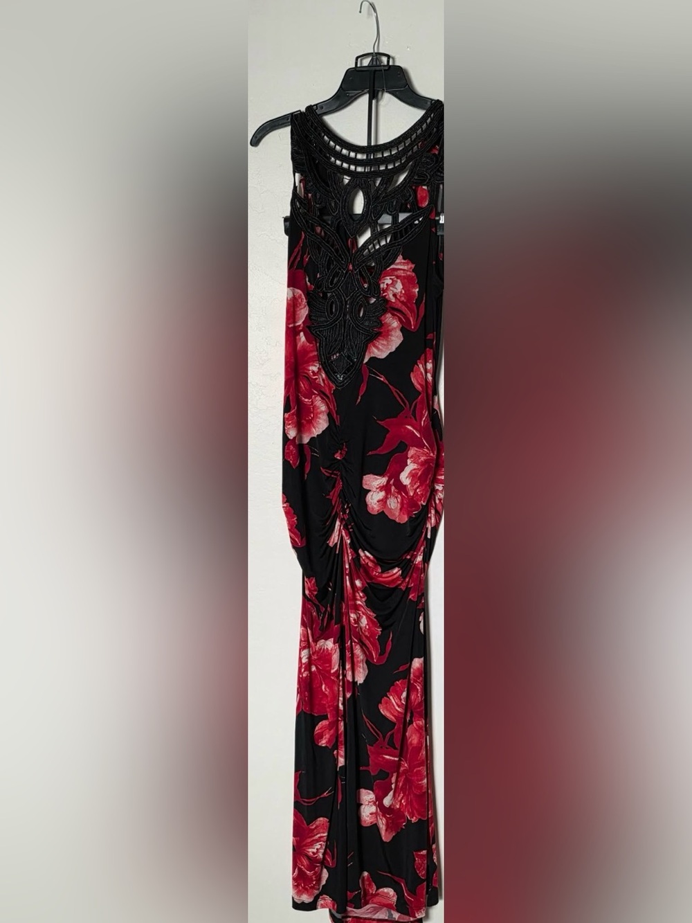 VENUS Black Dress with Red Floral Print and Crochet Detail